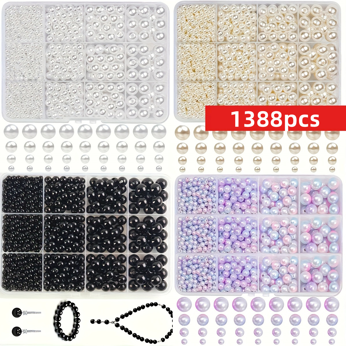 Men Accessories Necklace - 1388pcs 4/6/8/10mm Black, white, and blue